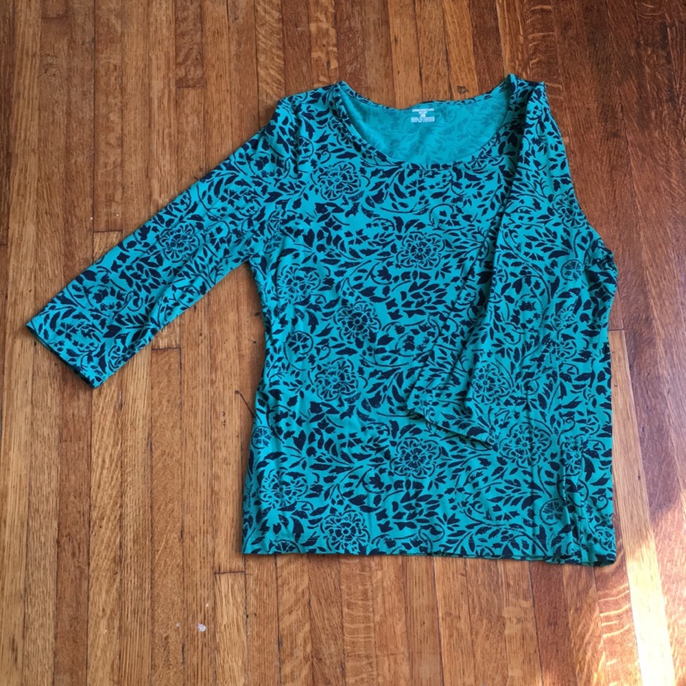 Jones New York Teal and Black Floral Long Sleeve Tee